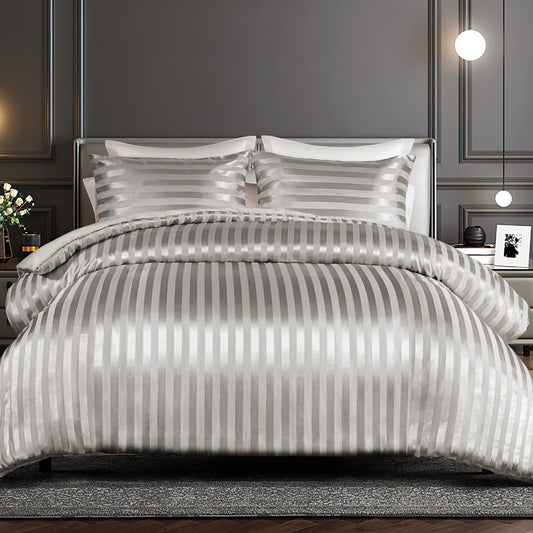 Whale Flotilla 3-Piece Reversible Silky Soft King Size Comforter Set, Luxury Stripe Satin Oversized Comforter Bedding Set with 2 Satin Pillowcases, Lightweight Duvet for All Seasons, Grey