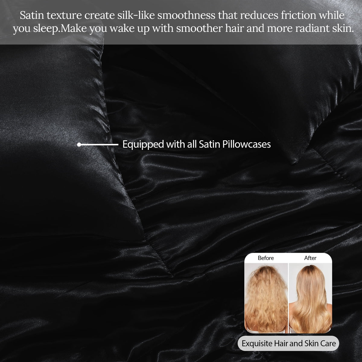 Whale Flotilla 3-Piece Reversible Silky Satin King Size Comforter Bedding Set, Lightweight Luxury Comforters with 2 Pillowcases All-Season, Black