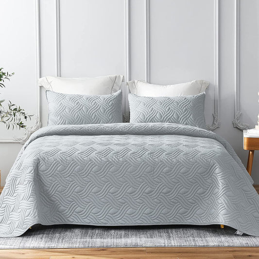 Whale Flotilla Quilt Set Twin Size, Soft Microfiber Lightweight Bedspread Coverlet Bed Cover (Wave Pattern) for All Seasons, Light Grey, 2 Pieces (Includes 1 Quilt, 1 Shams)