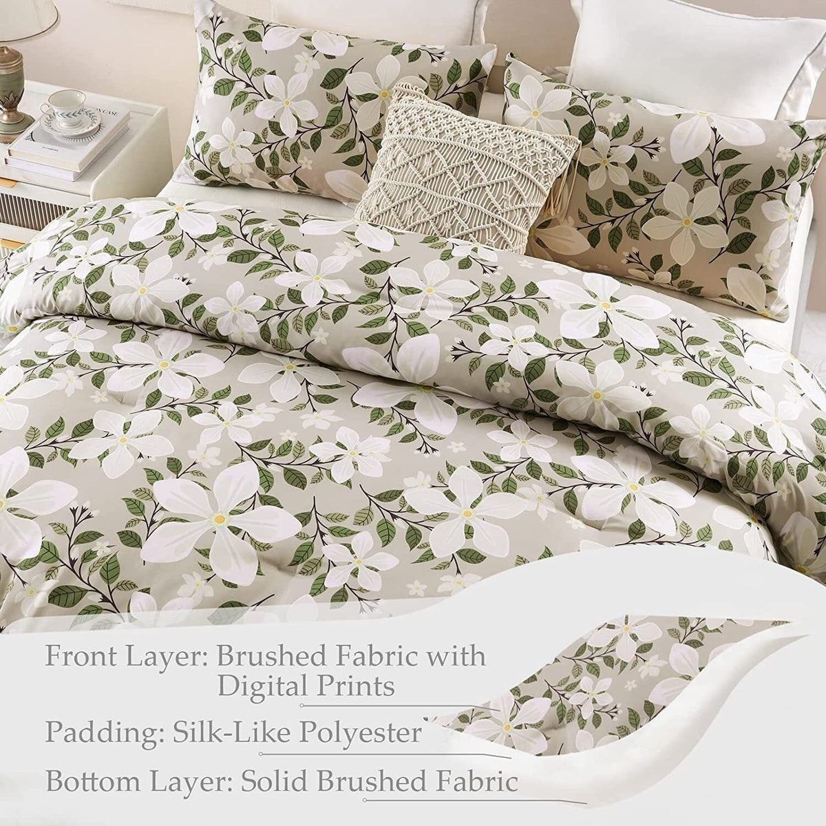 Whale Flotilla 3-Piece Queen Comforter Set, Soft Reversible Bedding Comforter Sets, Floral Printed Down Alternative Comforter Duvet for All Seasons, Bone