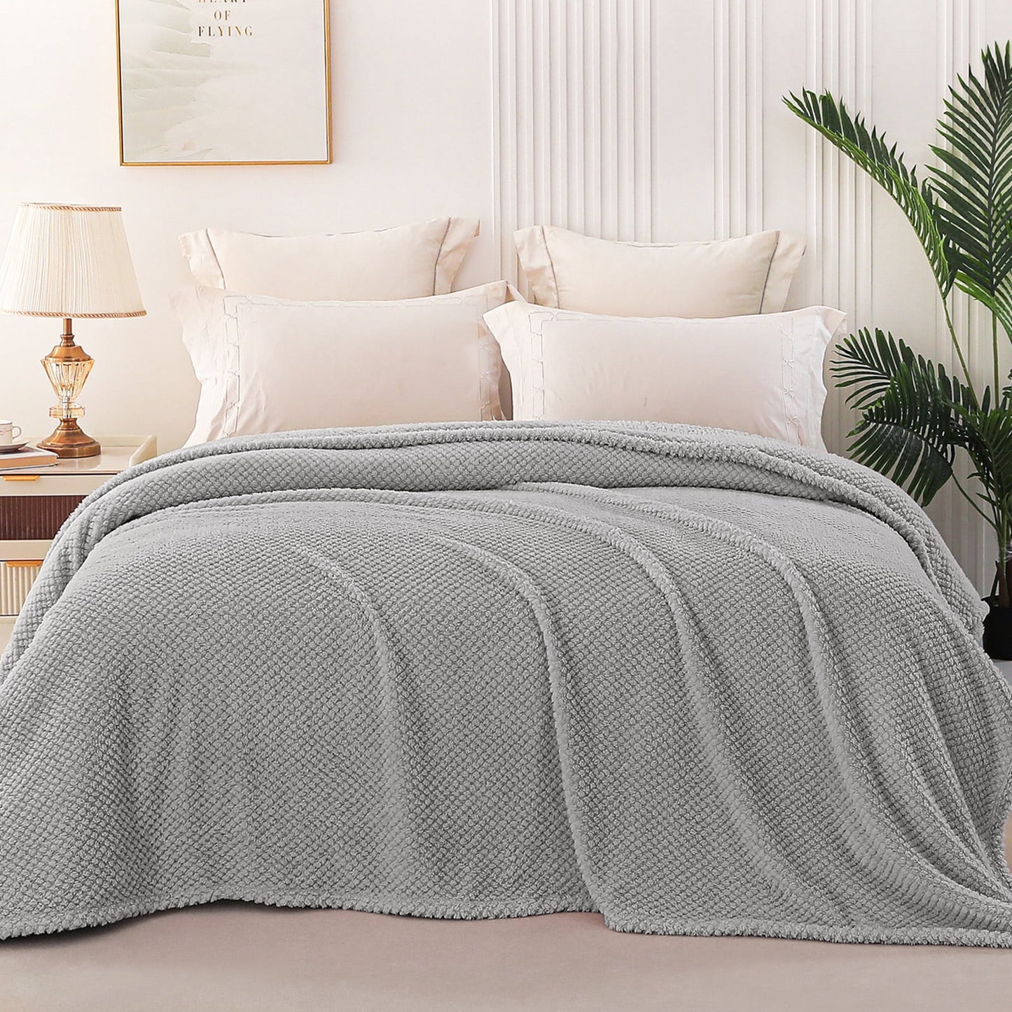 Whale Flotilla King Size Fuzzy Fleece Blanket, 90"x104" Fluffy Lightweight Soft Jacquard Bed Blankets for All Seasons, Warm and Cozy, Light Grey