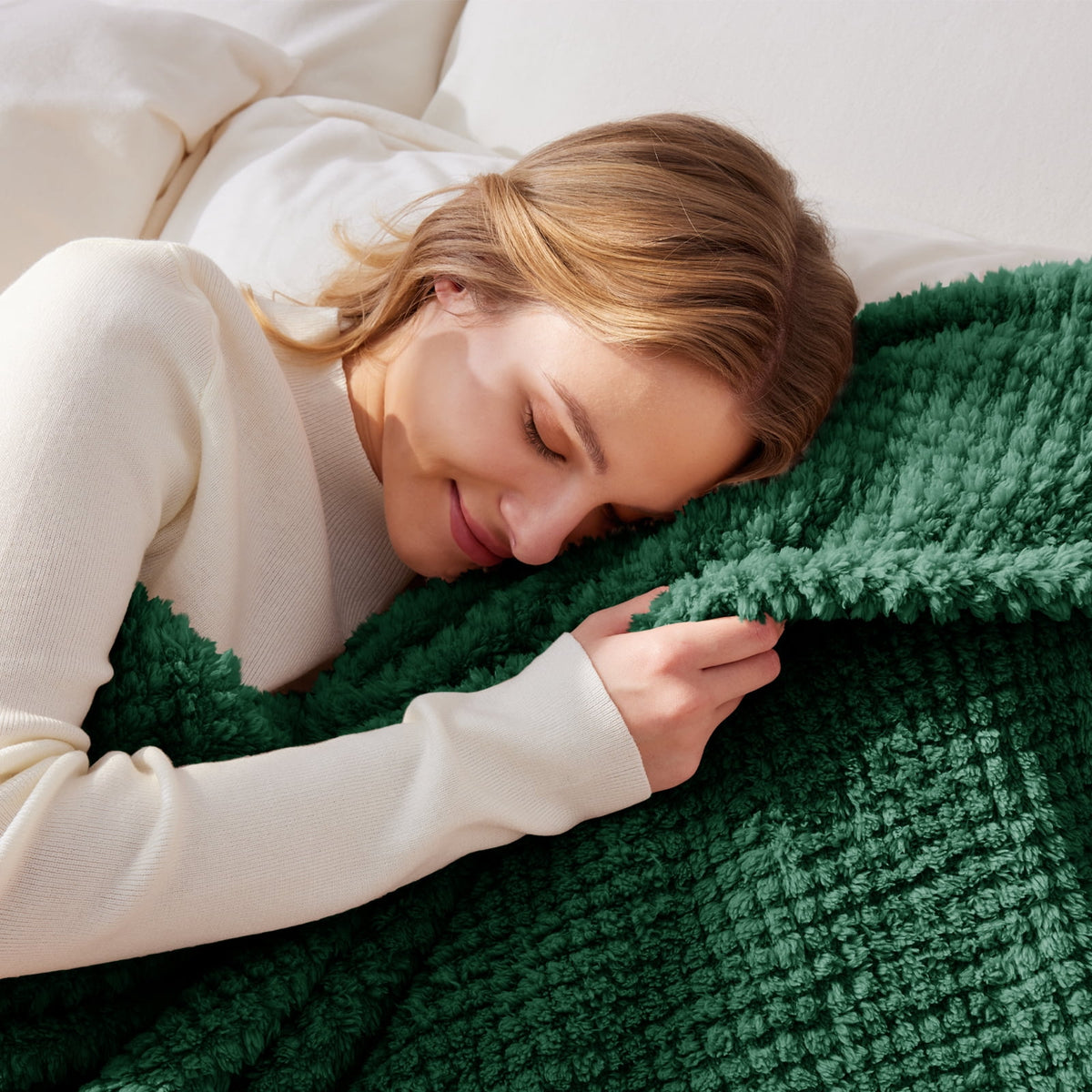 Whale Flotilla Queen Size Fuzzy Fleece Blanket, 90"x90" Fluffy Lightweight Soft Jacquard Bed Blankets for All Seasons, Warm and Cozy, Deep Green