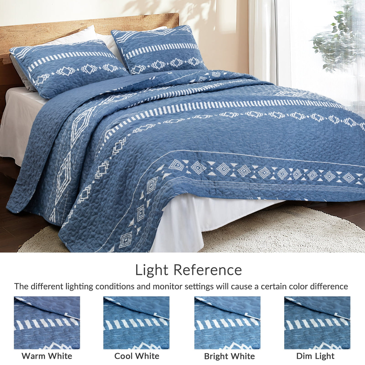 Whale Flotilla Reversible Ultra Soft Printed Quilts King Size, Lightweight Patchwork Geometric Stripes Bedspreads Coverlets Quilt Bedding Set with 2 Pillow Shams for All Seasons, Bluish Grey