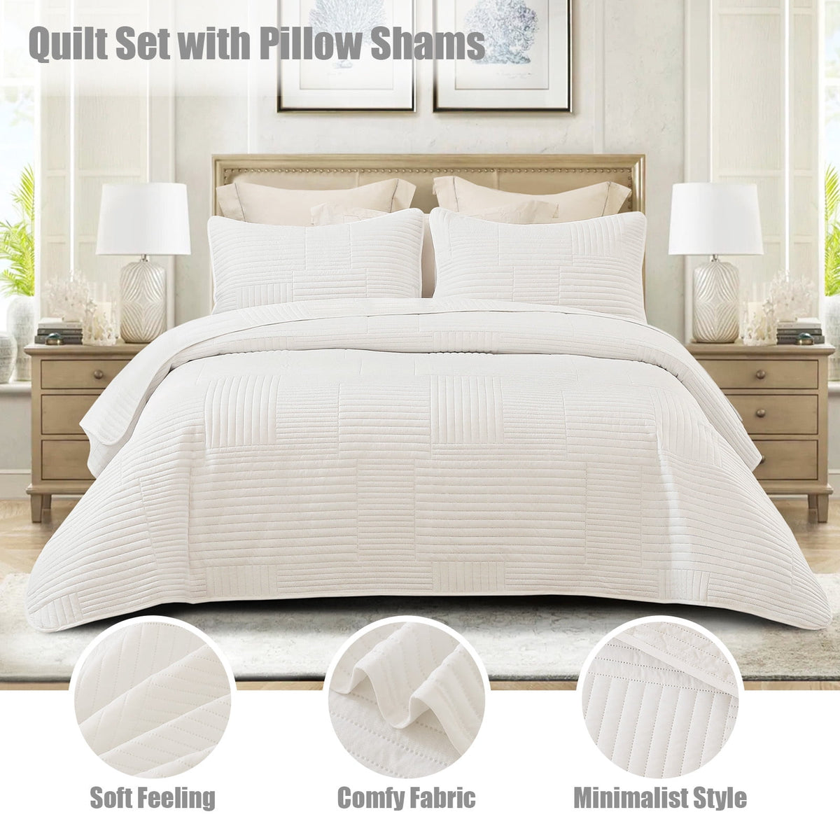 Whale Flotilla Queen Quilt Set, Soft and Lightweight Bedspreads Coverlet with Striped Pattern, Reversible Bedding Sets with Pillow Shams, 90x96 Inches, White