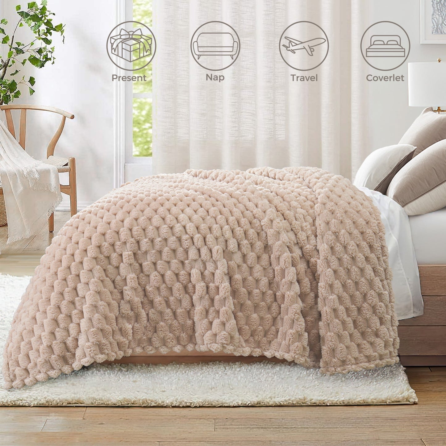 Whale Flotilla 50"x60" Throw Blanket for Couch with Expanded 3D-Jacquard Pattern, Fuzzy Soft Cozy Exquisite Blankets or All Season, Warm and Fluffy, Camel