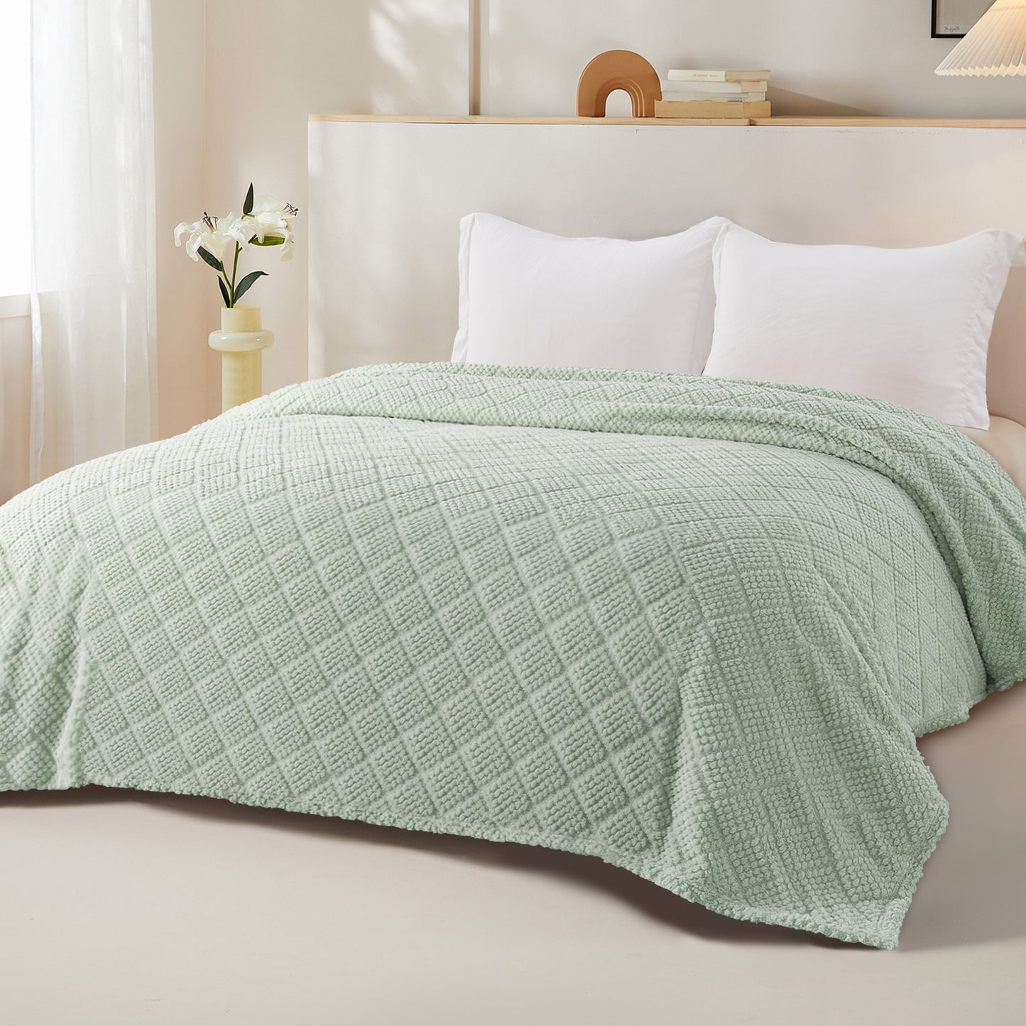 Whale Flotilla Fuzzy Fleece Twin Size Blanket for Bed, Soft Fluffy Jacquard Waffle Blankets for All Season, Lightweight and Warm, 60x80 Inch, Sage Green