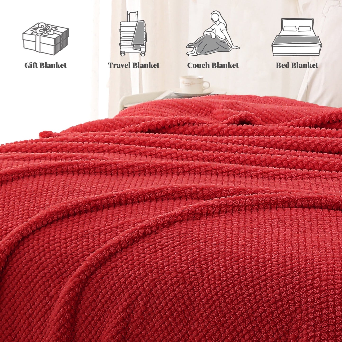 Whale Flotilla Fuzzy Fleece 50"x70" Throw Blanket for Couch, Fluffy Warm Soft Jacquard Blankets for All Seasons, Lightweight and Cozy, Red