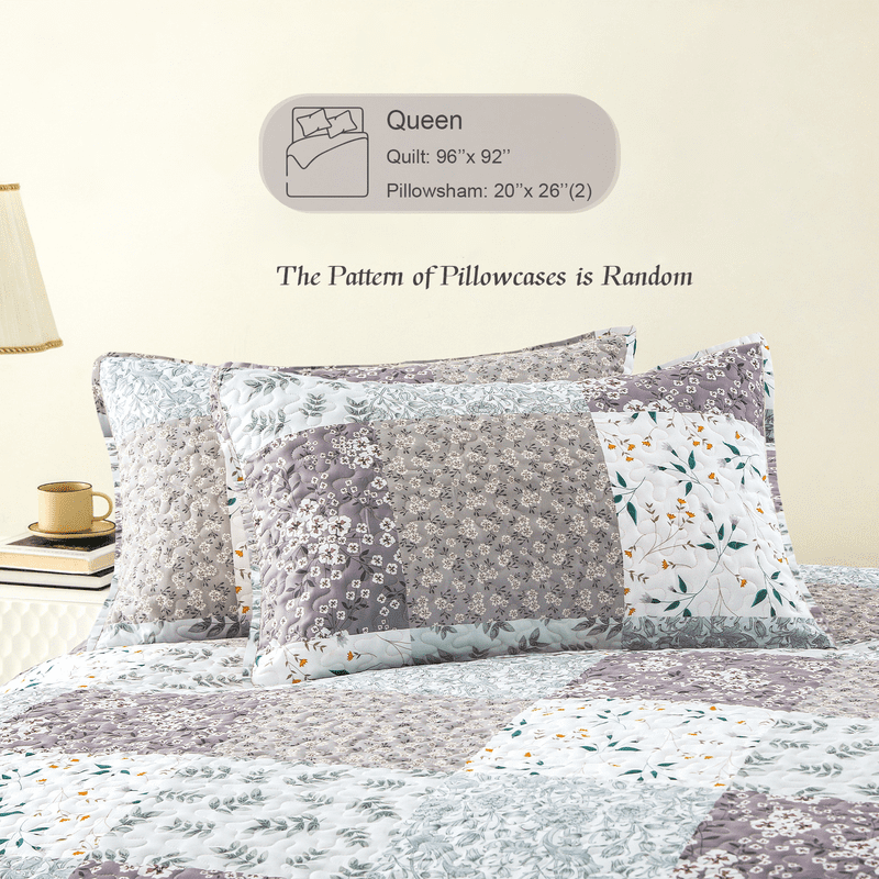 Whale Flotilla Reversible Patchwork Quilt Set Queen Size, Lightweight Boho Printed Bedspreads Coverlets Quilts Bedding Set with 2 Pillow Shams for All Seasons, Light Grey