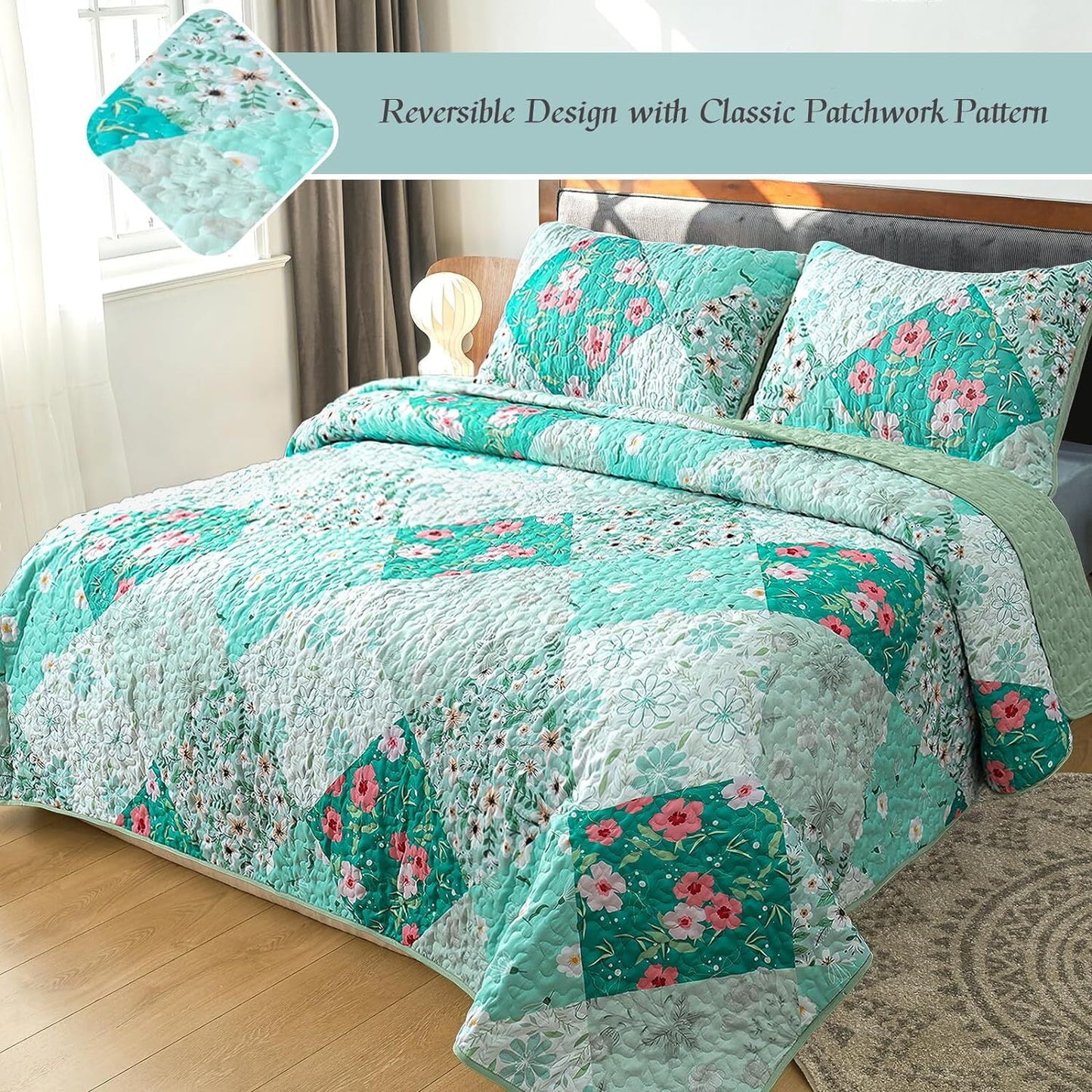 Whale Flotilla Reversible Patchwork Quilts Twin Size, Lightweight Boho Printed Bedspreads Coverlets Quilt Bedding Set with 1 Pillow Sham for All Seasons, Light Green