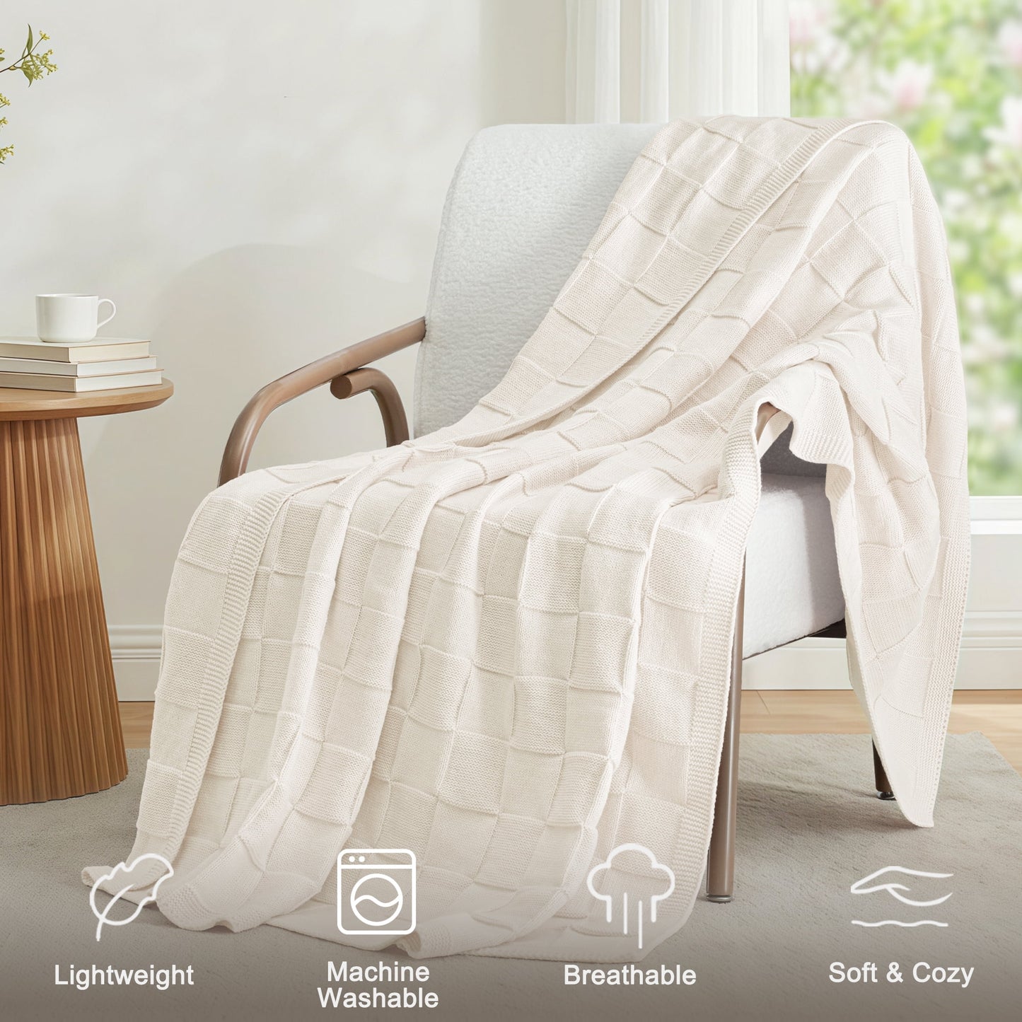 Whale Flotilla Knit Throw Blanket for Couch, Soft Fuzzy Decorative Knitted Blanket for Sofa Bed, Lightweight Cozy Warm Throws, 50x60 Inch, White