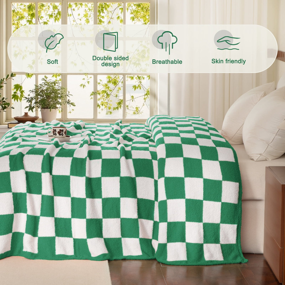Whale Flotilla Checkered Knit Twin Size Blanket for Bed, Soft Fluffy and Cozy, 60"x80", Green