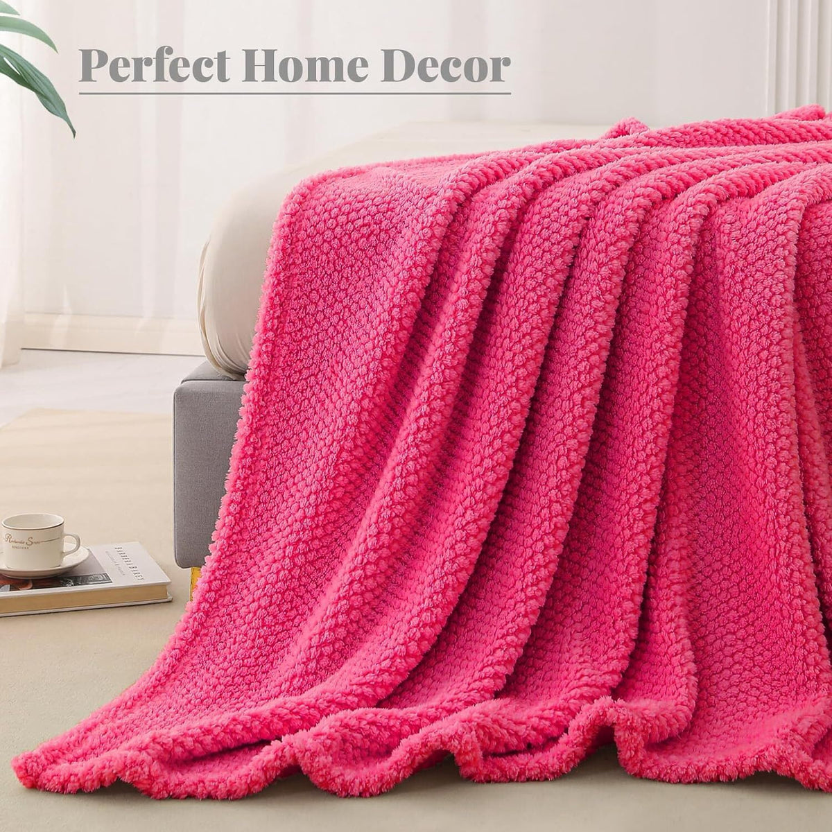 Whale Flotilla Queen Size Fuzzy Fleece Blanket, Fluffy Warm Soft Jacquard Bed Blankets for Fall Winter, Lightweight and Cozy, 90x90 Inch, Hot Pink