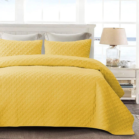 Whale Flotilla Quilt Set Twin Size, Soft Microfiber Lightweight Bedspread Coverlet Bed Cover (Diamond Pattern) for All Seasons, Yellow, 2 Pieces (Includes 1 Quilt, 1 Sham)