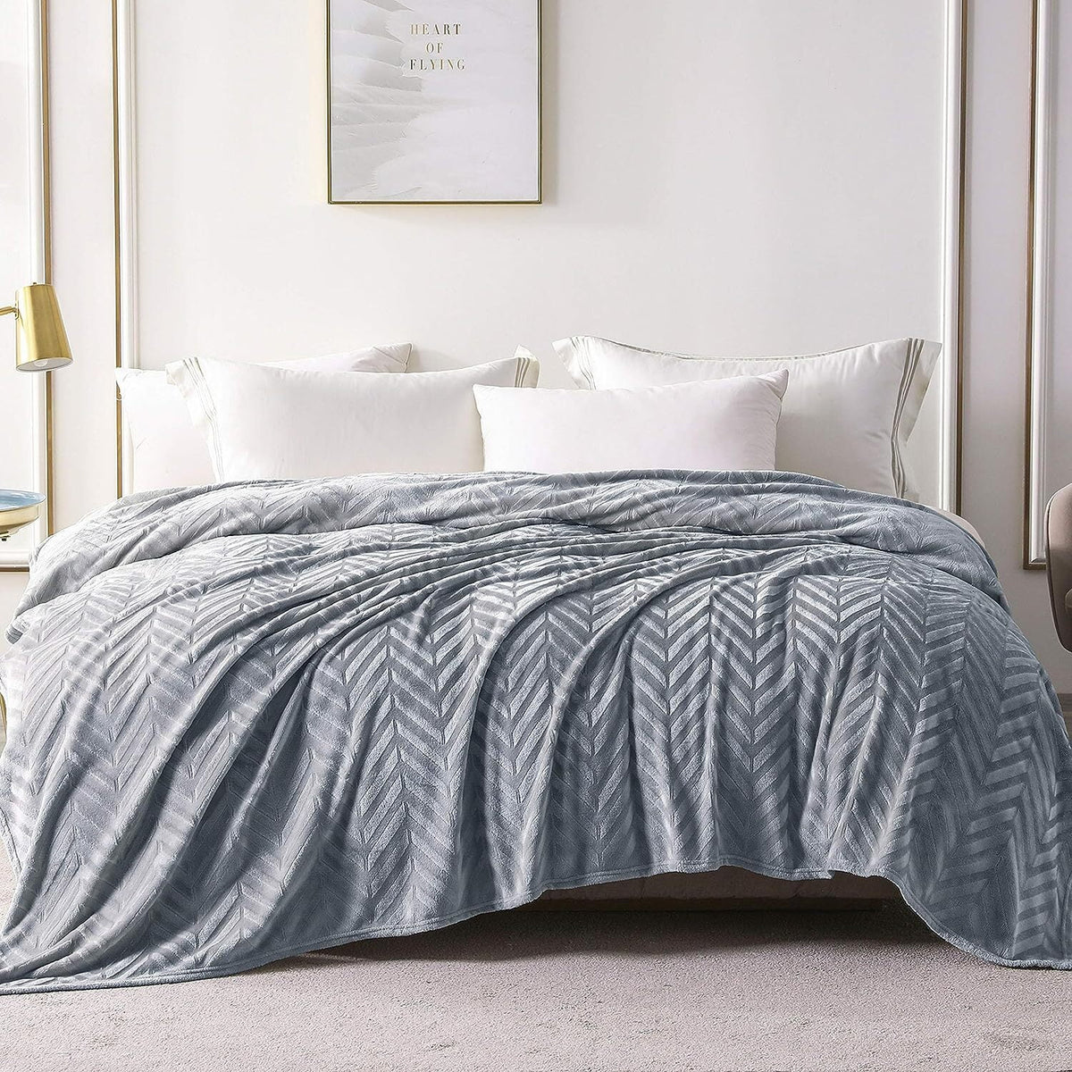 Whale Flotilla Flannel Fleece King Size 90x104 Inch Bed Blanket, Soft Velvet Lightweight Bedspread Plush Fluffy Coverlet Chevron Design Decorative Blanket for All Season, Silver Grey