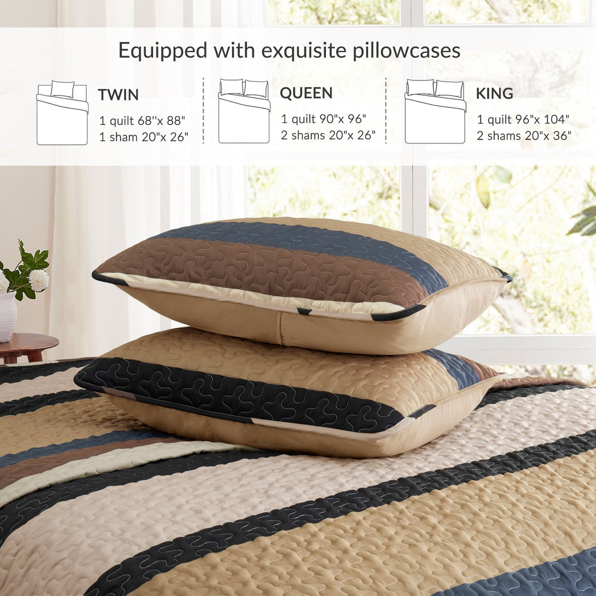 Whale Flotilla Reversible Ultra Soft Printed Quilts Queen Size, Lightweight Patchwork Geometric Stripes Bedspreads Coverlets Queen Quilt Bedding Set with 2 Pillow Shams for All Seasons, Camel