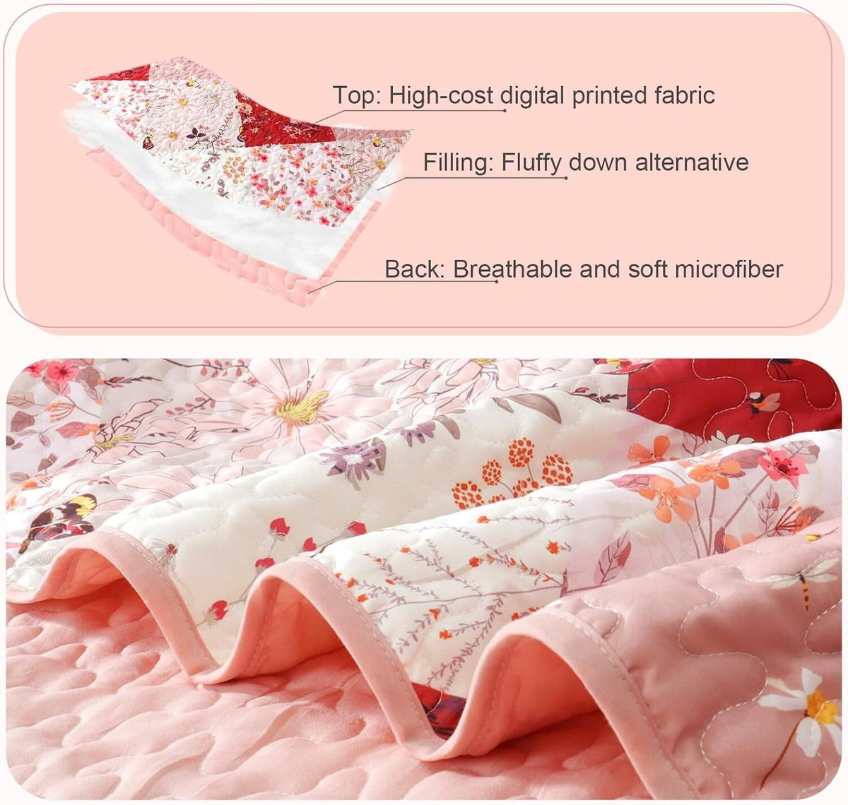 Whale Flotilla Reversible Patchwork Quilt Set Queen Size, Lightweight Boho Printed Bedspreads Coverlets Quilts Bedding Set with 2 Pillow Shams for All Seasons, Red