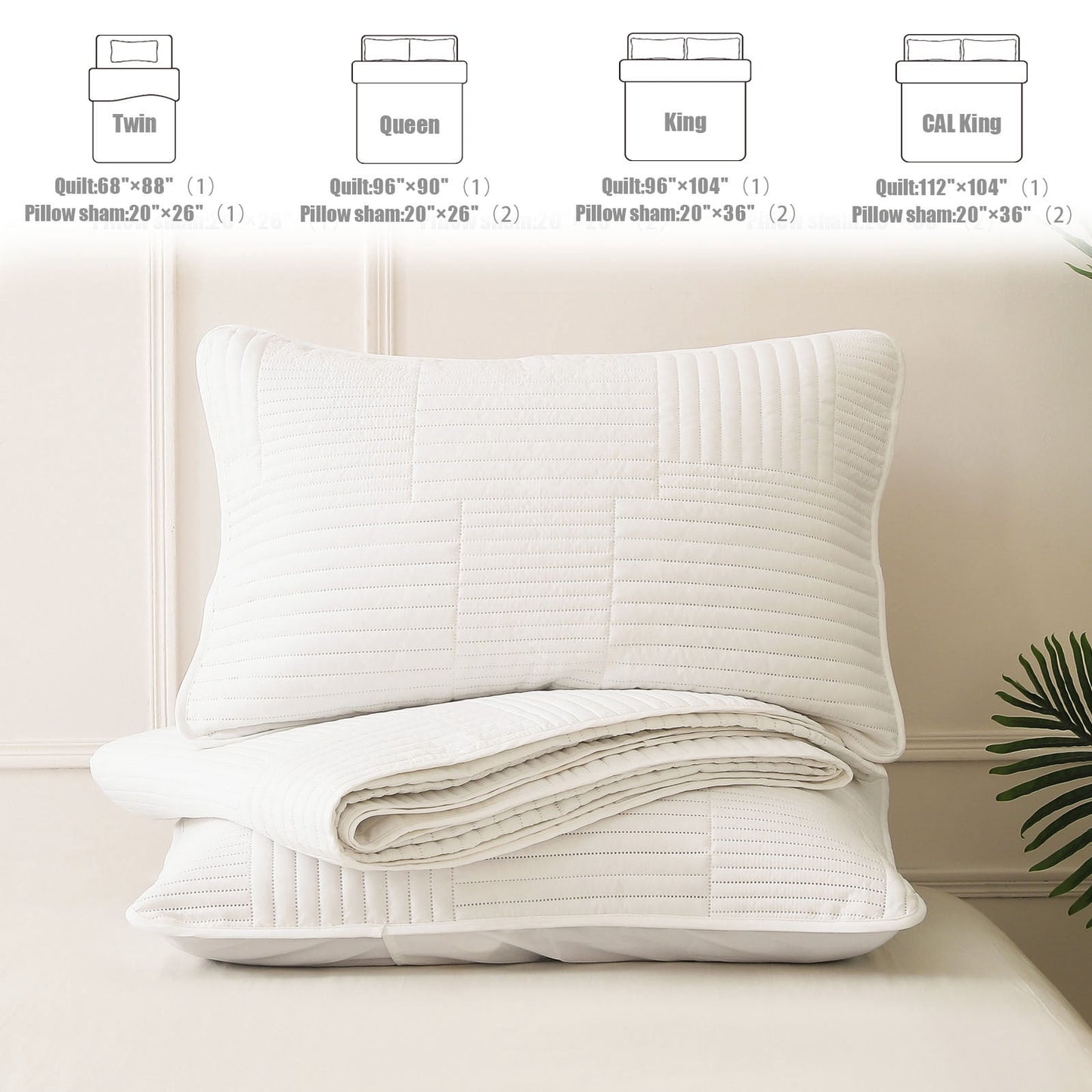 Whale Flotilla Queen Quilt Set, Soft and Lightweight Bedspreads Coverlet with Striped Pattern, Reversible Bedding Sets with Pillow Shams, 90x96 Inches, White