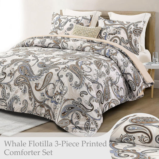 Whale Flotilla King Comforter Set, Soft Reversible Beige Bedding Comforter Set with Pailsey Pattern, 1 Micoriber Printed Comforter and 2 Pillow Shams, 3 Pieces