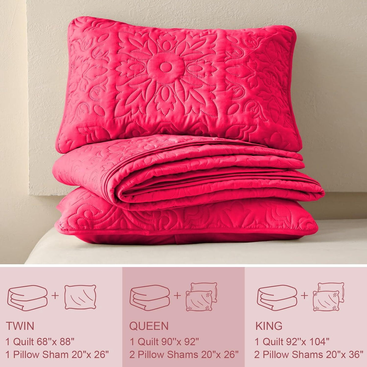 Whale Flotilla 3-Piece Queen Quilt Set, Soft Embossed Bedding Set, Lightweight Bedspread Coverlet with Damask Vintage Pattern, Reversible Bed Cover for All Seasons, Hot Pink