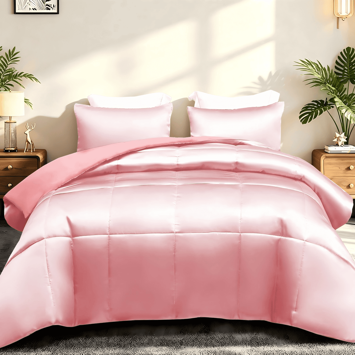 Whale Flotilla 3-Piece Reversible Silky Satin Queen Size Comforter Bedding Set, Lightweight Luxury Comforters with 2 Pillowcases All-Season, Pink