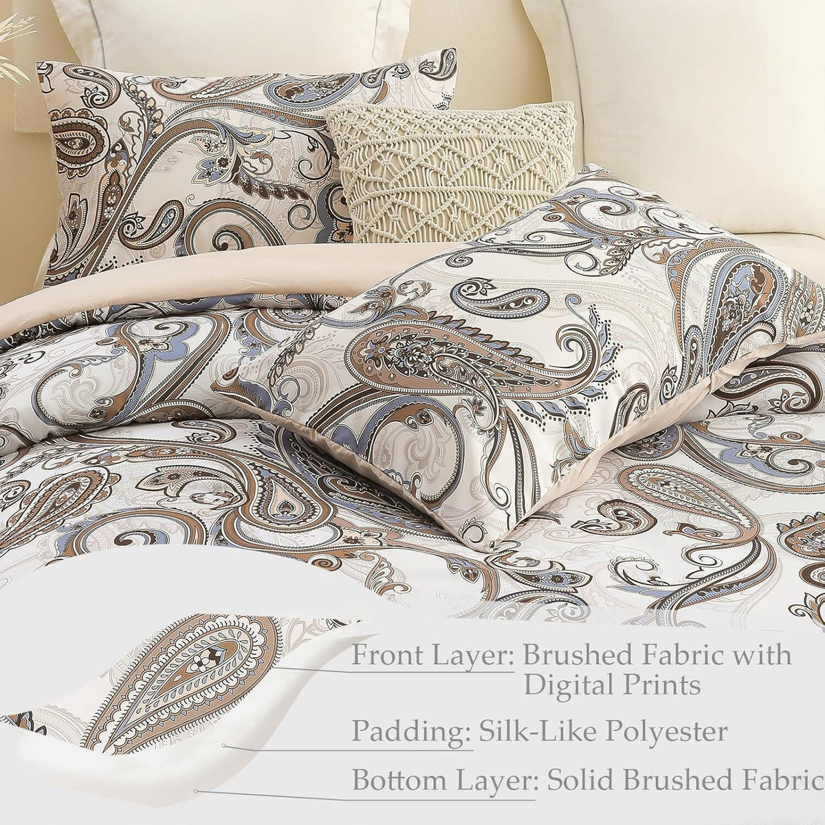 Whale Flotilla 3-Piece Queen Comforter Set, Soft Reversible Bedding Comforter Sets, Paisley Printed Down Alternative Comforter Duvet for All Seasons, Beige