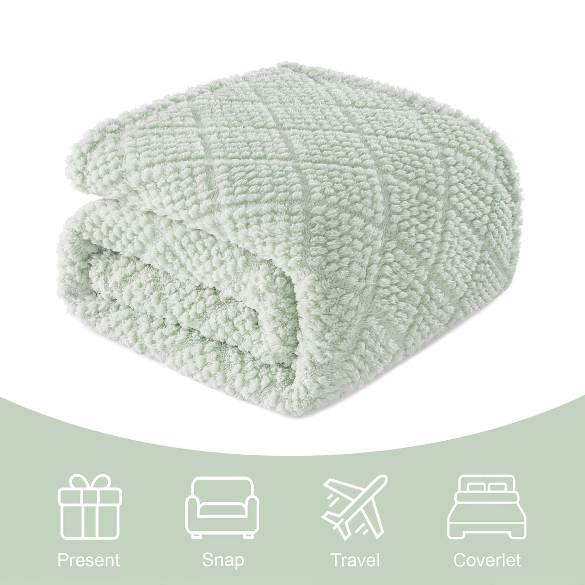 Whale Flotilla Fuzzy Fleece King Size Blanket for Bed, Soft Fluffy Jacquard Waffle Blankets for All Season, Lightweight and Warm, 90x104 Inch, Sage Green