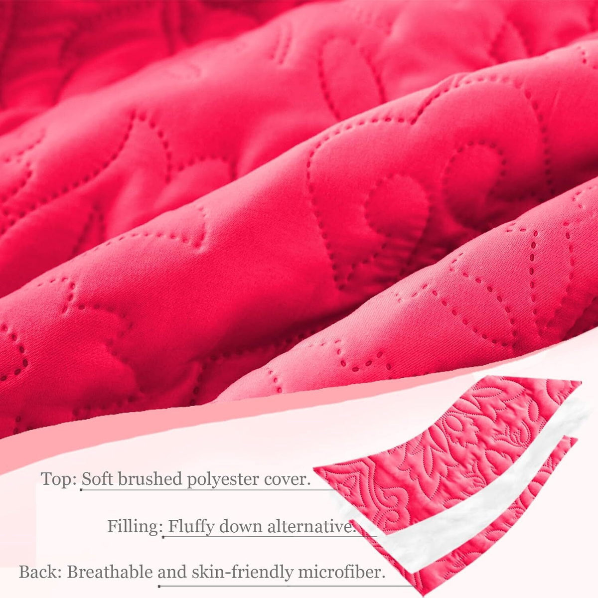 Whale Flotilla 3-Piece Queen Quilt Set, Soft Embossed Bedding Set, Lightweight Bedspread Coverlet with Damask Vintage Pattern, Reversible Bed Cover for All Seasons, Hot Pink