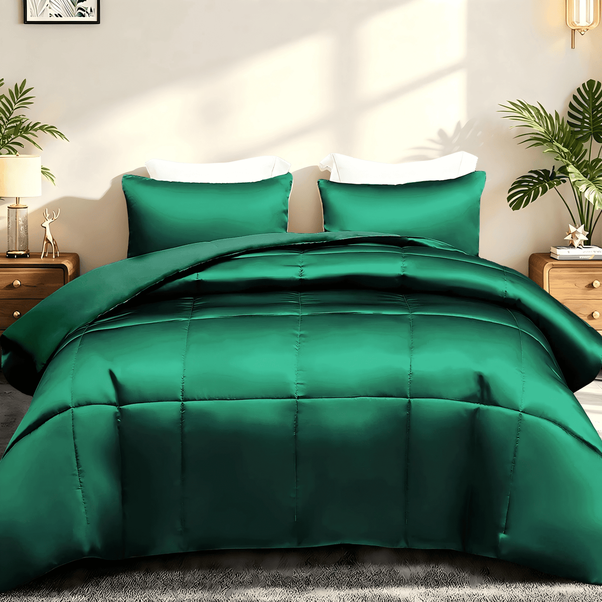 Whale Flotilla 3-Piece Reversible Silky Satin King Size Comforter Bedding Set, Lightweight Luxury Comforters with 2 Pillowcases All-Season, Deep Green