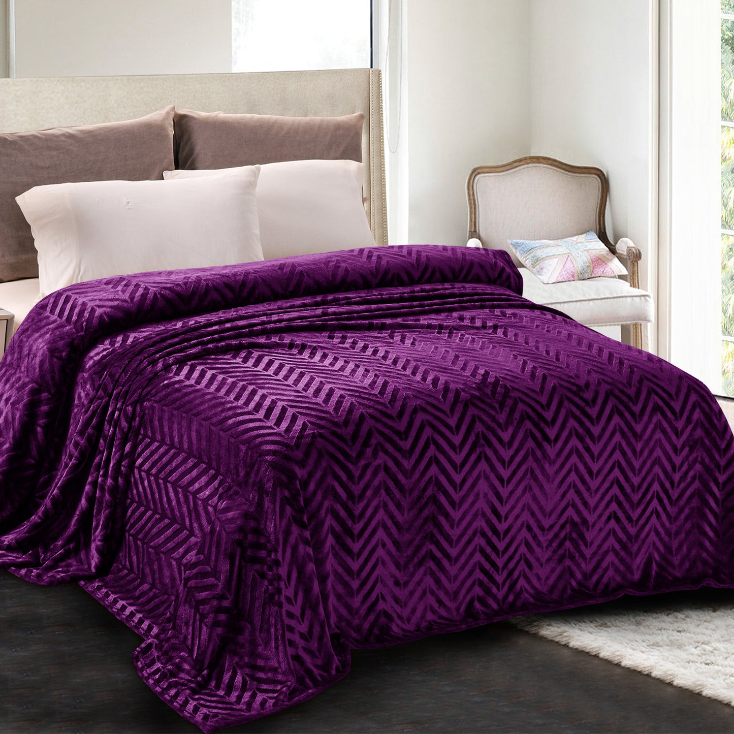 Whale Flotilla Flannel Fleece Queen Size(90x90 Inch) Lightweight Bed Blanket, Soft Velvet Bedspread Plush Fluffy Coverlet Chevron Design Decorative Blanket for All Seasons, Purple