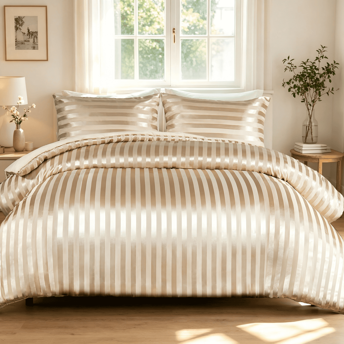 Whale Flotilla Twin Comforter Set 2-Piece Champagne Satin Stripe Bedding, Lightweight All-Season Reversible Soft Bedding Set with 1 Pillowcase
