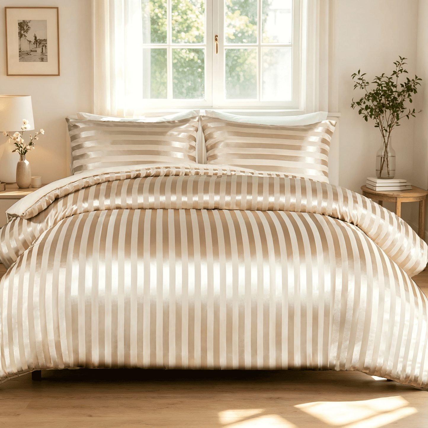 Whale Flotilla King Comforter Set 3-Piece Champagne Satin Stripe Bedding, Lightweight All-Season Reversible Soft Bedding Set with 2 Pillowcases