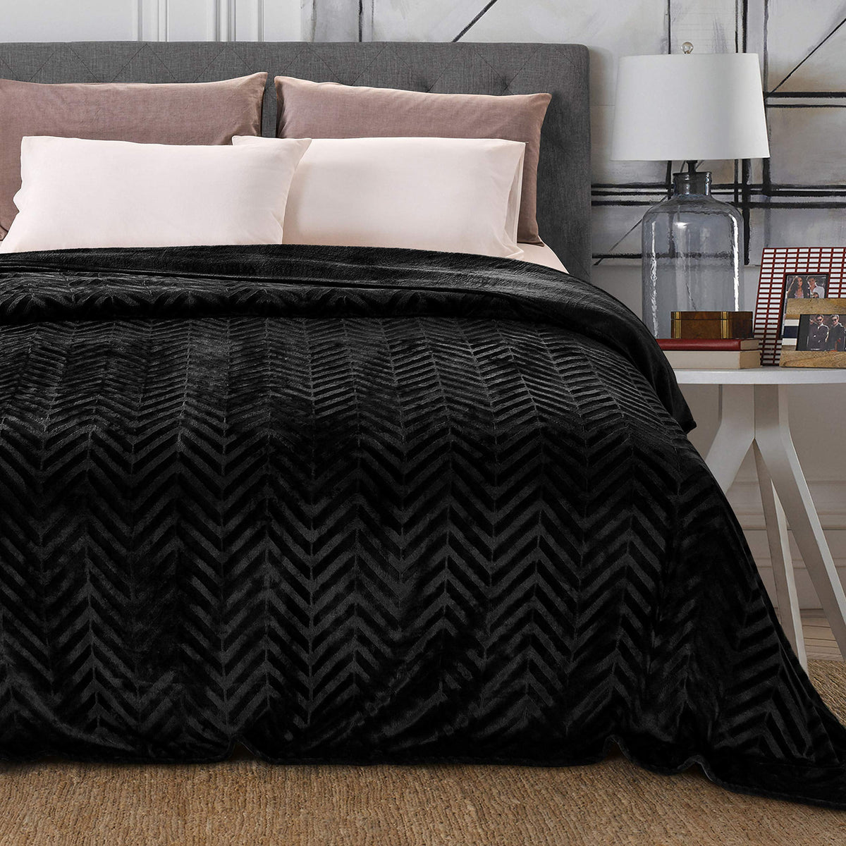 Whale Flotilla Flannel Fleece Queen Size 90x90 Inch Bed Blanket, Soft Velvet Lightweight Bedspread Plush Fluffy Coverlet Chevron Design Decorative Blanket for All Season, Black