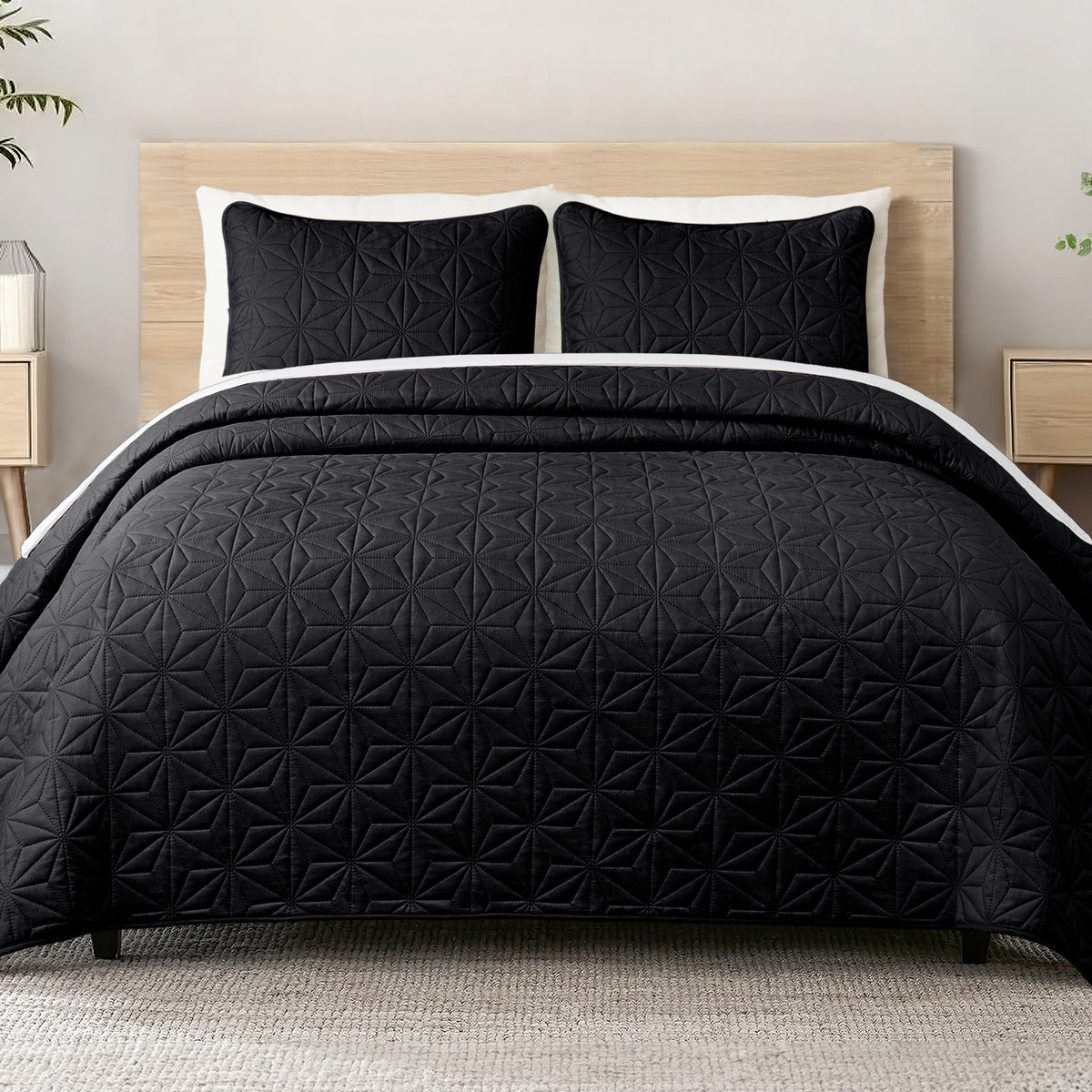 Whale Flotilla Microfiber Queen Size 90"x 96" Quilt Set Lightweight Quilted Bedspreads Coverlets Set with Stars Pattern, Black