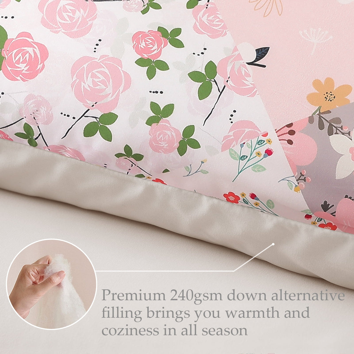 Whale Flotilla 3-Piece Queen Comforter Set, Soft Reversible Bedding Comforter Sets, Patchwork Printed Down Alternative Comforter Duvet for All Seasons, Pink