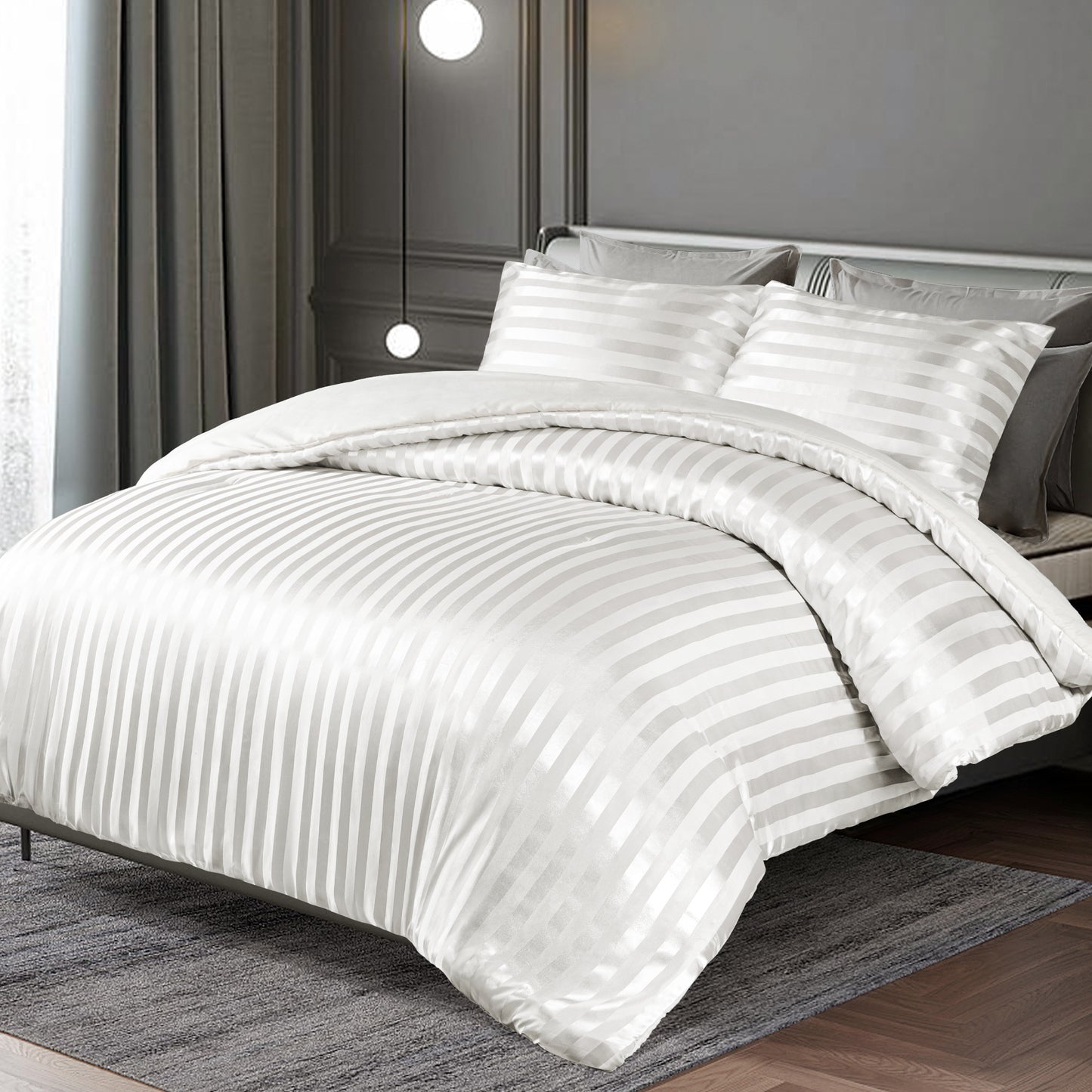 Whale Flotilla 3-Piece Reversible Silky Soft King Size Comforter Set, Luxury Stripe Satin Oversized Comforter Bedding Set with 2 Satin Pillowcases, Lightweight Duvet for All Seasons, White