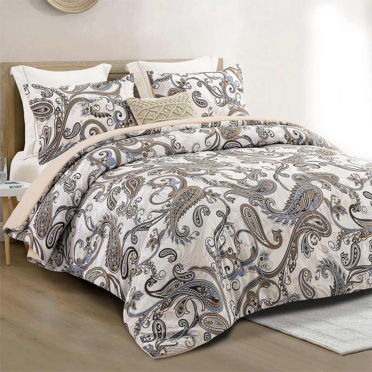 Whale Flotilla 3-Piece Queen Comforter Set, Soft Reversible Bedding Comforter Sets, Paisley Printed Down Alternative Comforter Duvet for All Seasons, Beige