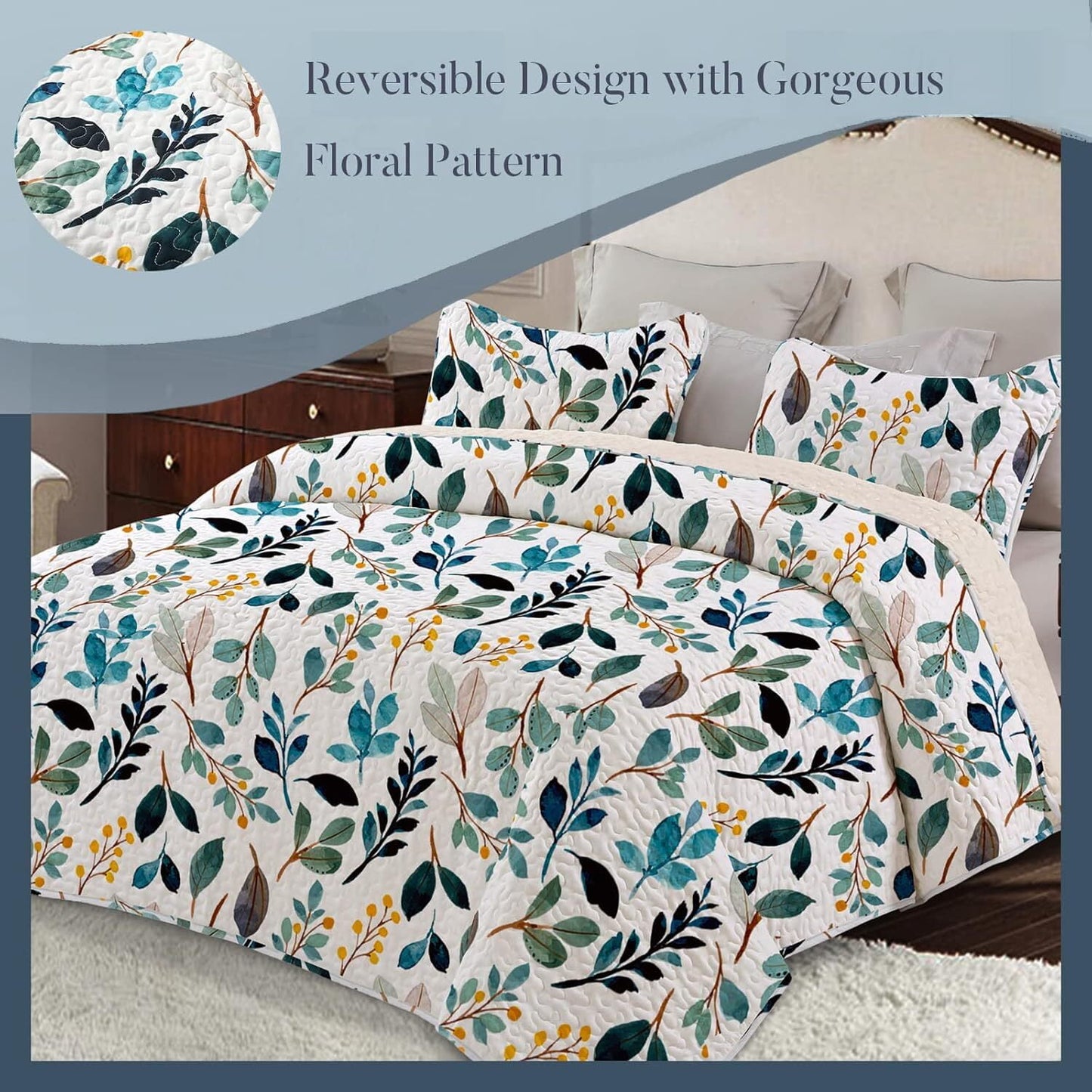 Whale Flotilla Reversible Floral Quilt Set California King Size, Lightweight Boho Printed Bedspreads Coverlets Quilts Bedding Set with 2 Pillow Shams for All Seasons, White/Navy
