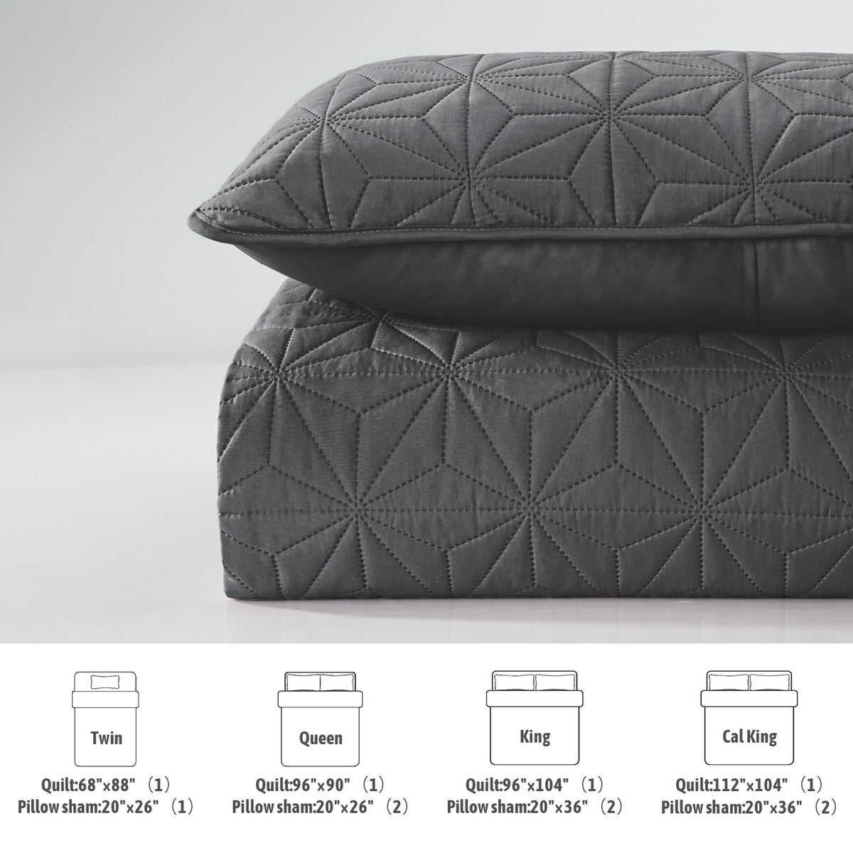 Whale Flotilla Microfiber California King 104"x 112" Quilt Set Lightweight Quilted Bedspreads Coverlets Set with Stars Pattern, Grey