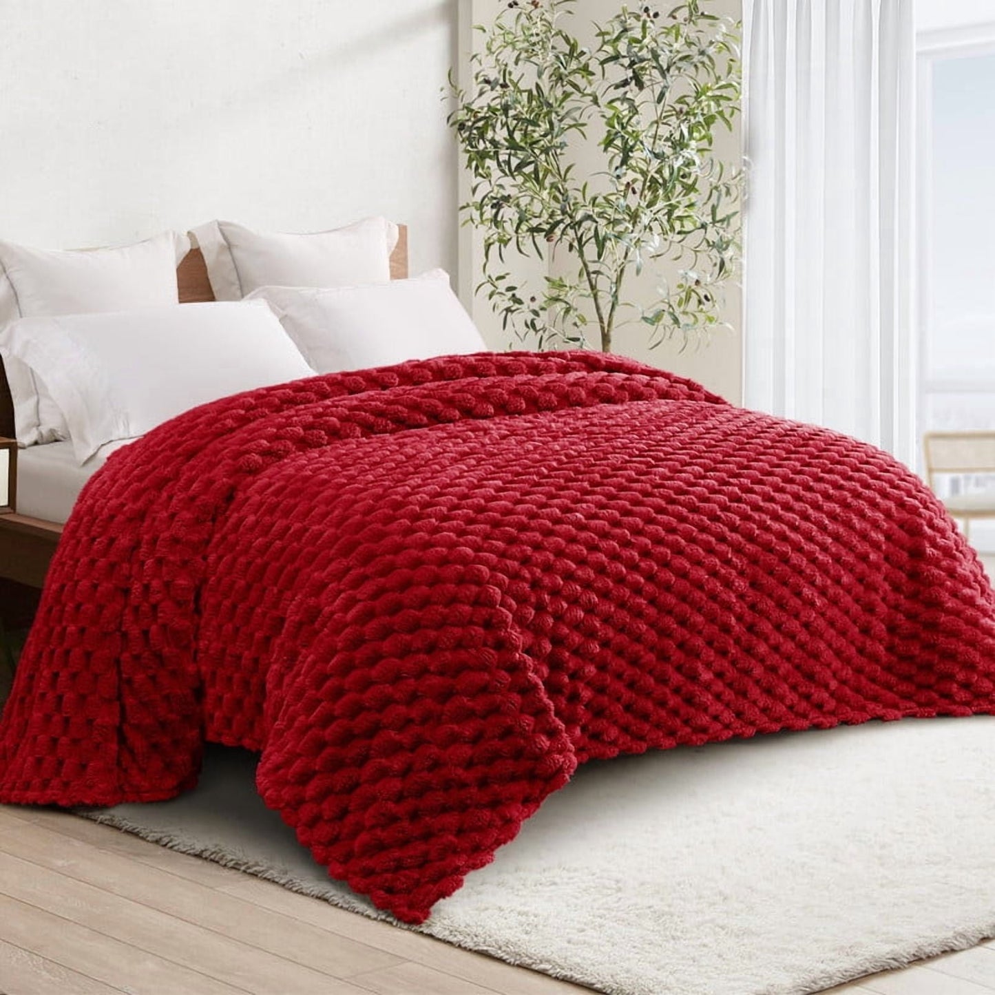 Whale Flotilla 60"x 80" Twin Size Blanket for Bed with Expanded 3D-Jacquard Pattern, Fuzzy Soft Cozy Exquisite Blankets or All Season, Warm and Fluffy, Red