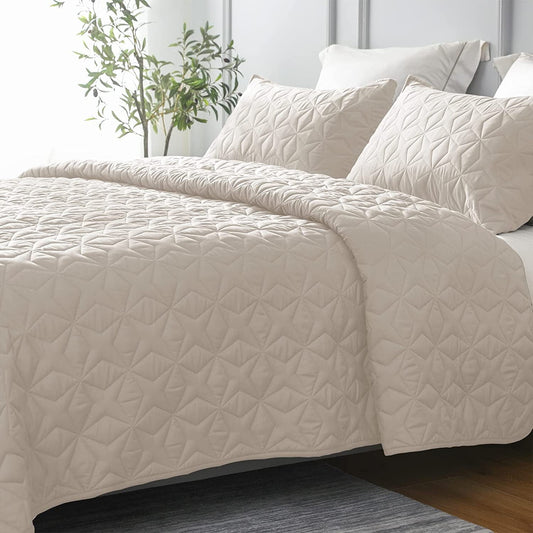 Whale Flotilla Quilt Set Queen Size, Soft Microfiber Lightweight Bedspread Coverlet Bed Cover (Star Pattern) for All Seasons, Brich Beige, 3 Pieces (Includes 1 Quilt, 2 Shams)