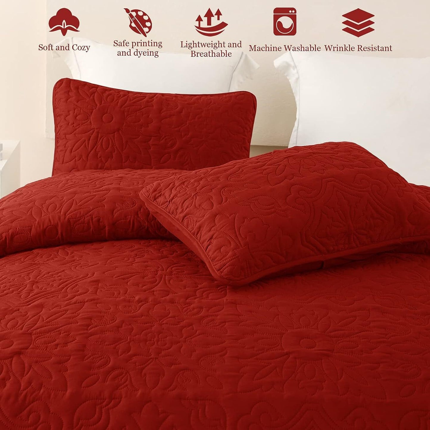 Whale Flotilla 2-Piece Twin Quilt Set, Soft Embossed Bedding Set, Lightweight Bedspread Coverlet with Damask Vintage Pattern, Reversible Bed Cover for All Seasons, Red