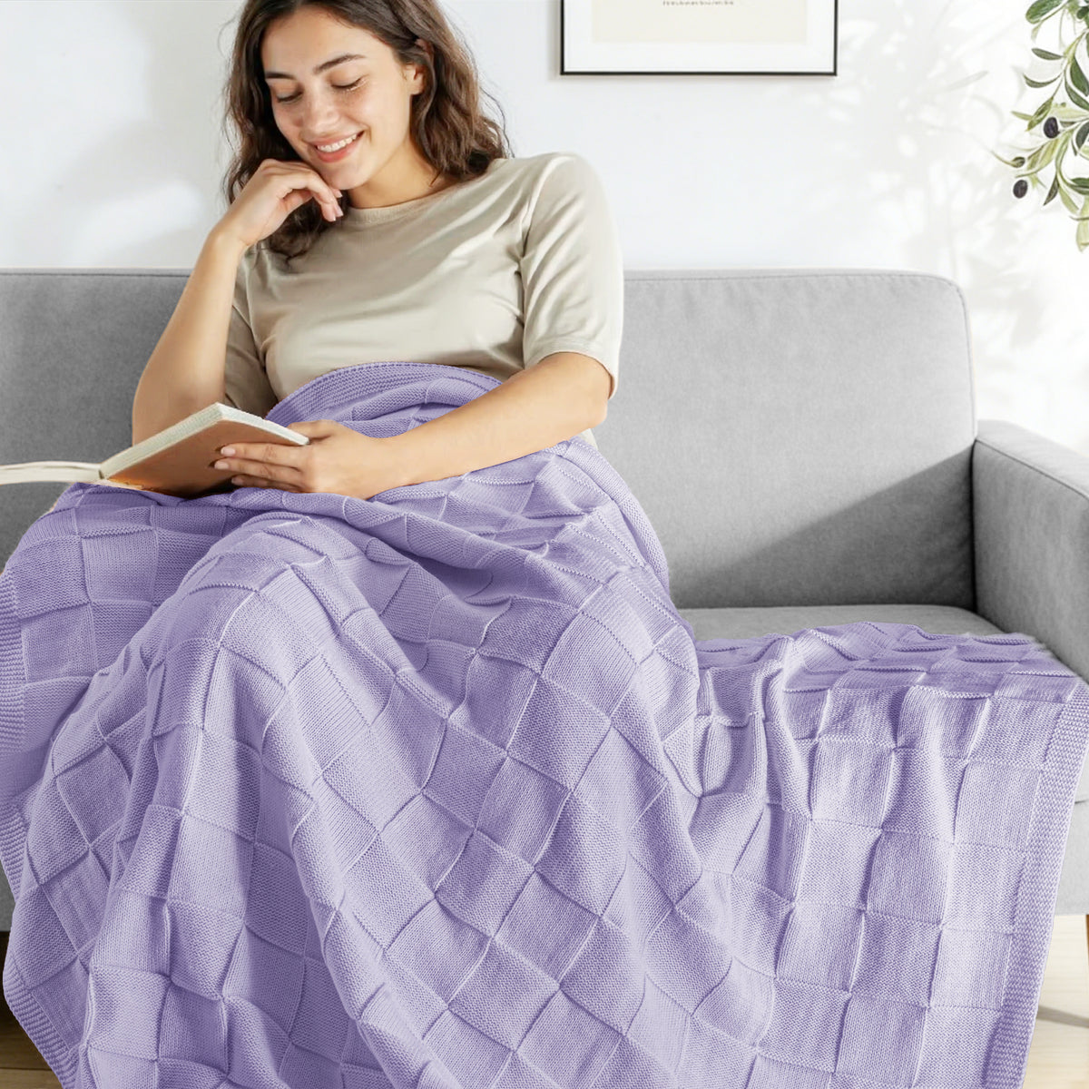 Whale Flotilla Knit Throw Blanket for Couch, Soft Fuzzy Decorative Knitted Blanket for Sofa Bed, Lightweight Cozy Warm Throws, 60x80 Inch, Violet