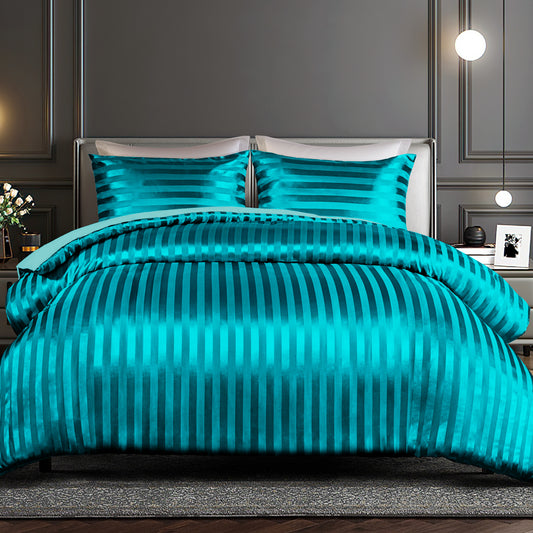 Whale Flotilla 2-Piece Reversible Silky Soft Twin Size Comforter Set, Luxury Stripe Satin Comforter Bedding Set with Satin Pillowcase, Lightweight Duvet Set for All Seasons, Turquoise