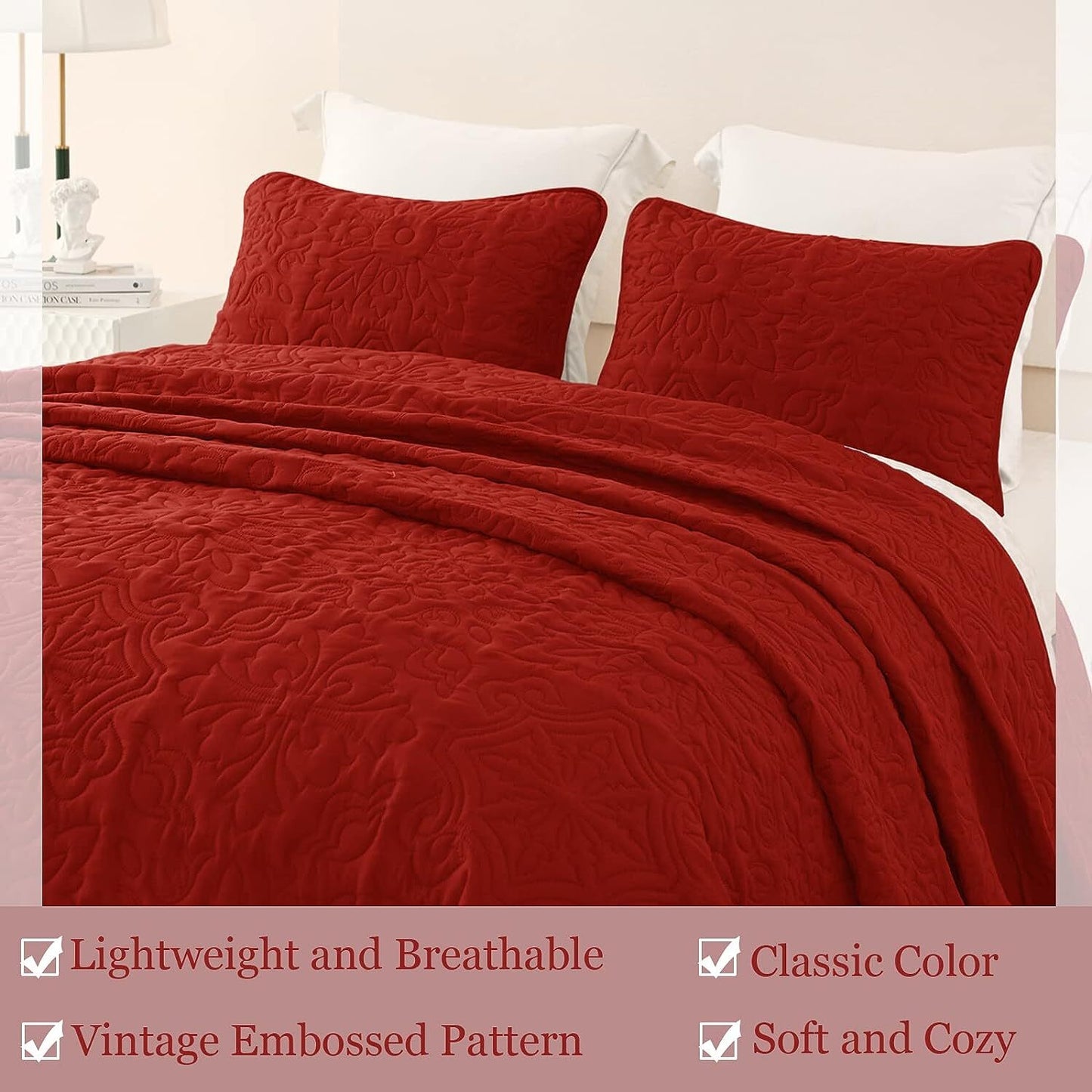 Whale Flotilla 2-Piece Twin Quilt Set, Soft Embossed Bedding Set, Lightweight Bedspread Coverlet with Damask Vintage Pattern, Reversible Bed Cover for All Seasons, Red