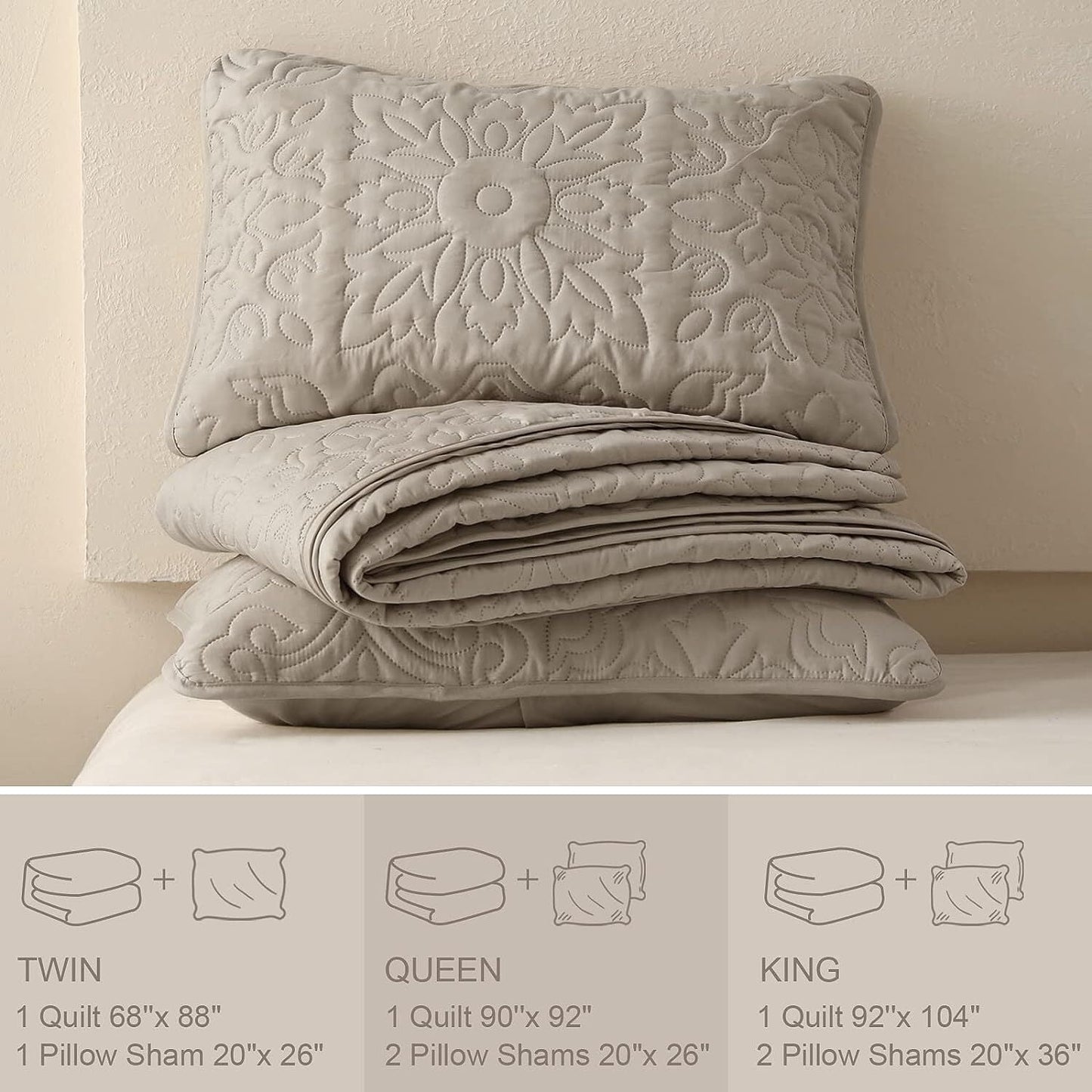 Whale Flotilla 3-Piece Queen Quilt Set, Soft Embossed Bedding Set, Lightweight Bedspread Coverlet with Damask Vintage Pattern, Reversible Bed Cover for All Seasons, Light Grey
