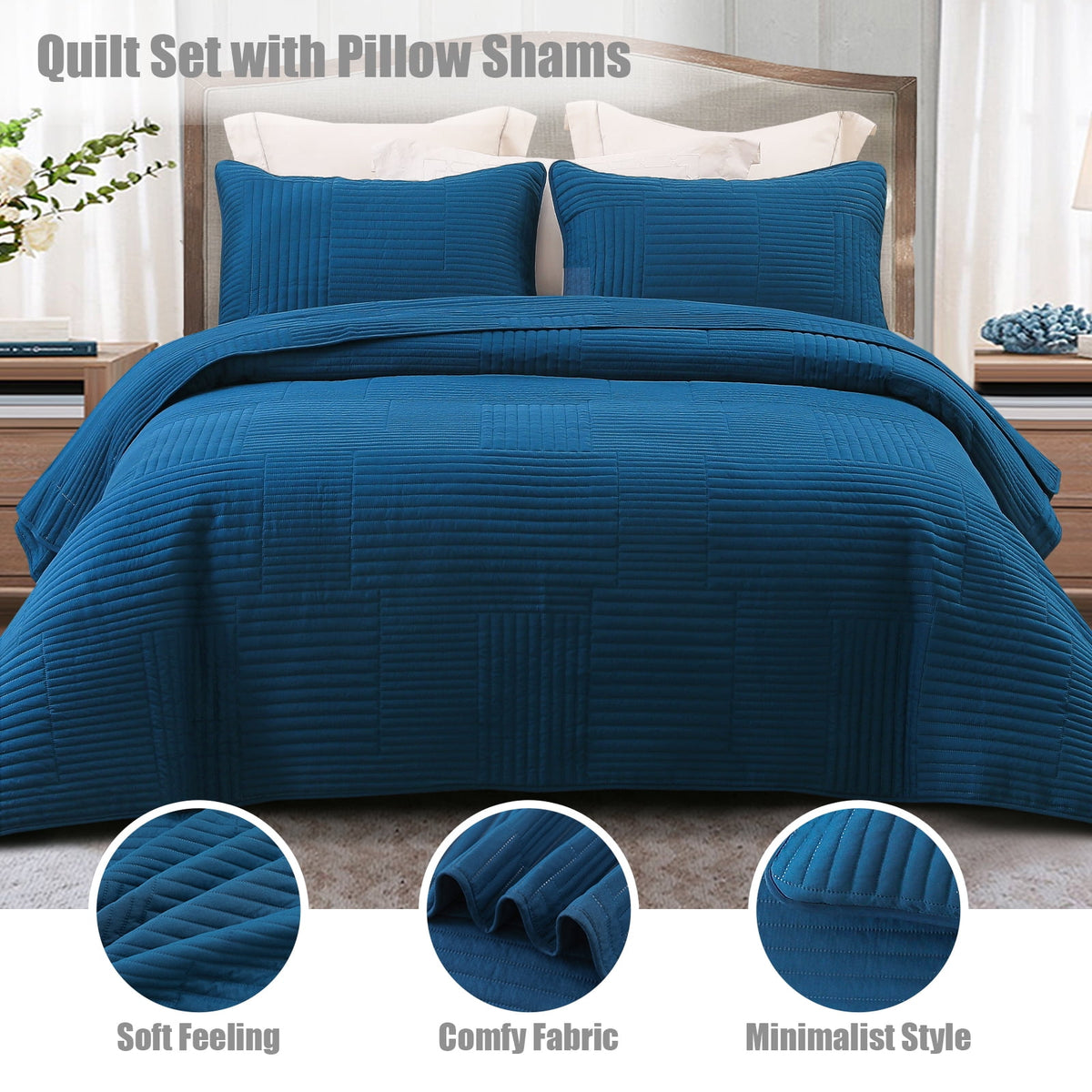 Whale Flotilla Twin Quilt Set, Soft and Lightweight Bedspreads Coverlet with Striped Pattern, Reversible Bedding Sets with Pillow Shams, 68x88 Inches, Blue