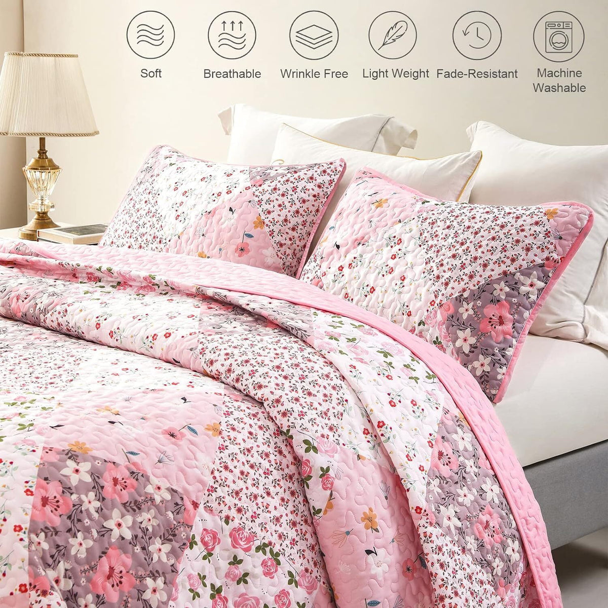 Whale Flotilla Reversible Patchwork Quilt Set King Size, Lightweight Boho Printed Bedspreads Coverlets Quilts Bedding Set with 2 Pillow Shams for All Seasons, Pink