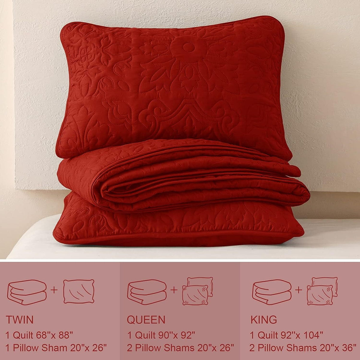Whale Flotilla 3-Piece Queen Quilt Set, Soft Embossed Bedding Set, Lightweight Bedspread Coverlet with Damask Vintage Pattern, Reversible Bed Cover for All Seasons, Red