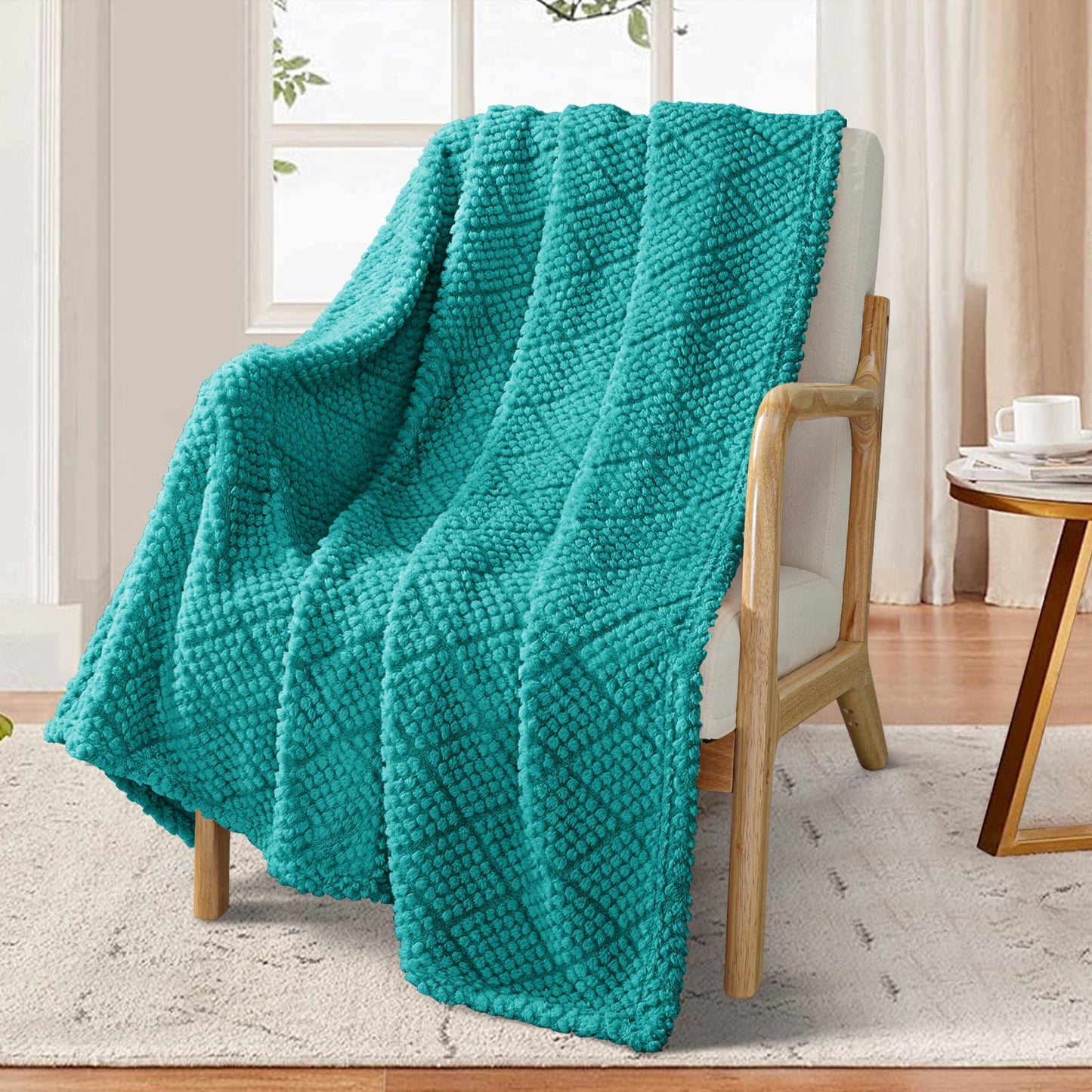 Whale Flotilla Fuzzy Fleece Throw Blanket for Couch, Bed, Soft Fluffy Jacquard Waffle Blankets for All Season, Lightweight and Warm, 50x60 Inch, Teal