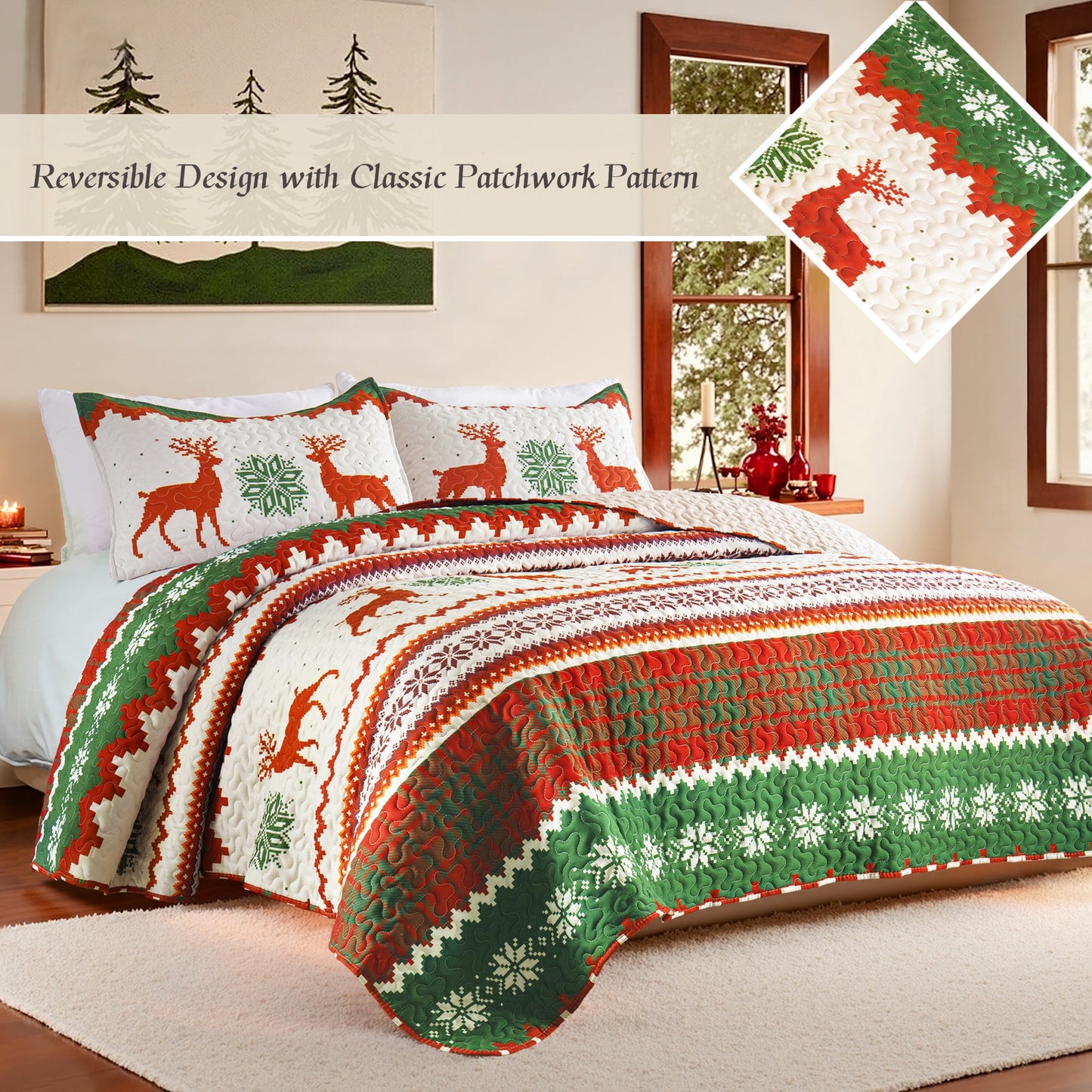 Whale Flotilla Reversible Patchwork Quilts Twin Size, Lightweight Boho Printed Bedspreads Coverlets Quilt Bedding Set with 1 Pillow Shams for All Seasons, Happy Snowflake